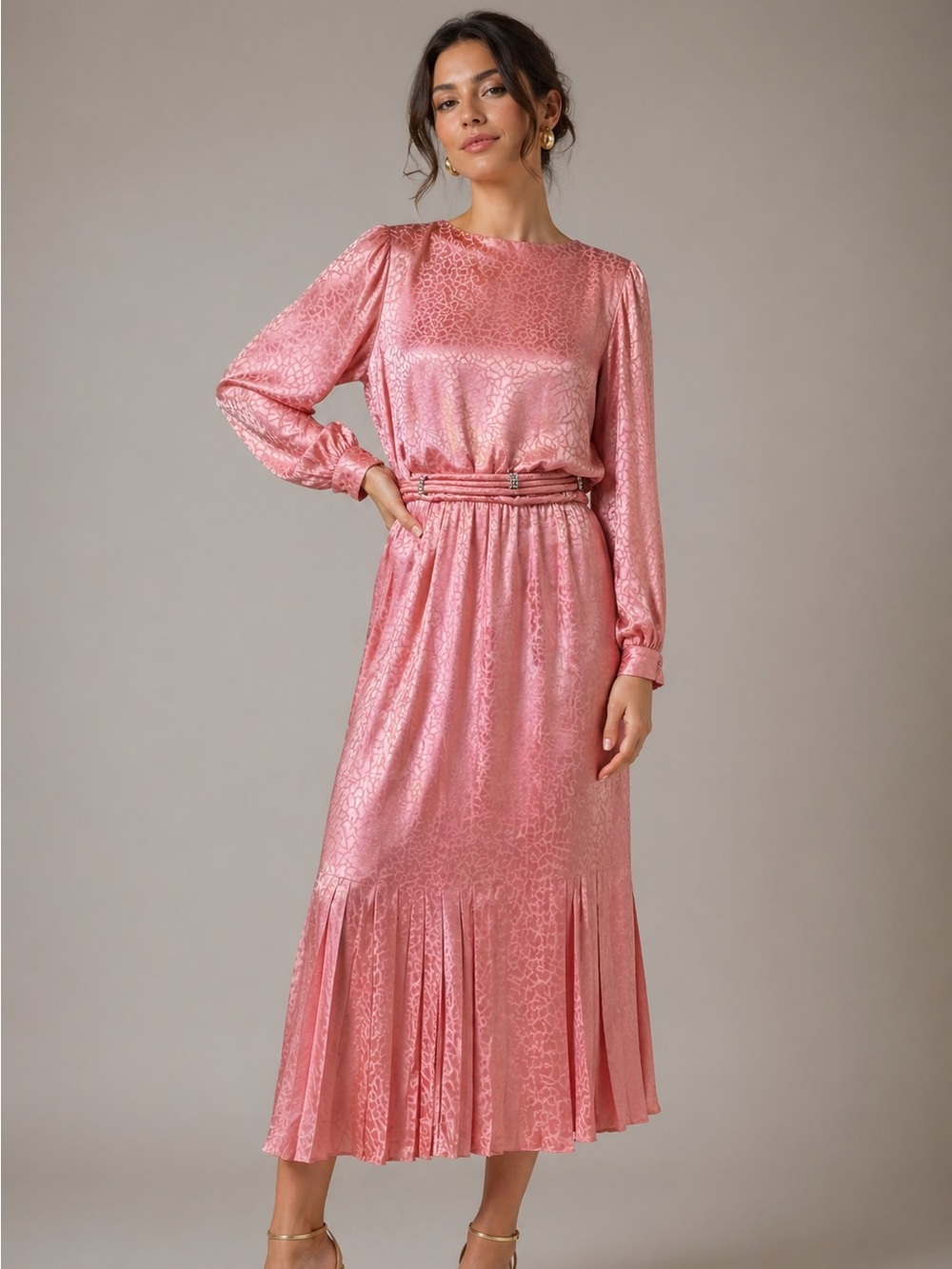 Vintage 80s Raul Blanco 100 Silk Jacquard Pleated Belted Midi‎ Dress Pink 10